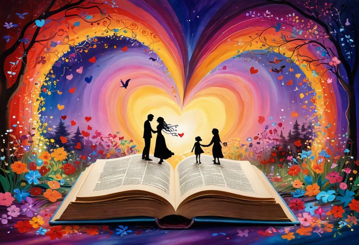 A whimsical scene depicting an open book with vibrant, swirling stories coming to life as colorful characters that embody romance and emotion, surrounded by hearts and flowers. In the background, soft silhouettes of couples embracing in various romantic settings create a romantic atmosphere. Warm lighting enhances the heartfelt essence of storytelling connecting to the audience. painting. vibrant colors. dreamy atmosphere.