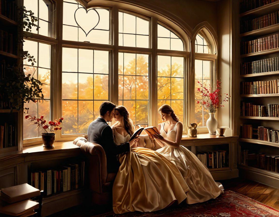 A romantic scene depicting a couple deeply engrossed in a cozy library filled with colorful romance novels. Soft golden light filters through large windows, illuminating their faces as they share a book. Surround them with shelves packed with classic and modern romance novels, with a heart-shaped motif subtly woven into the decor. Add a hint of whimsical elements like floating pages and soft, ethereal hearts in the air. elegant painting. warm color palette.