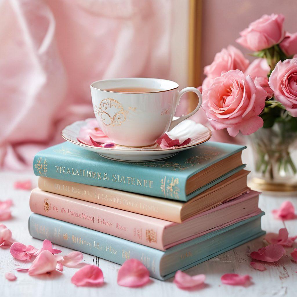 A beautifully arranged stack of romantic novels with colorful book covers, surrounded by delicate rose petals and a steaming cup of tea, evoking a sense of warmth and passion. The background features soft, dreamy pastel hues to create a romantic atmosphere. Subtle heart patterns can be seen in the backdrop. super-realistic. vibrant colors. soft focus.